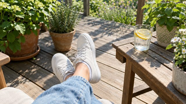 Feet in light white canvas shoes on a sunny wooden terrace