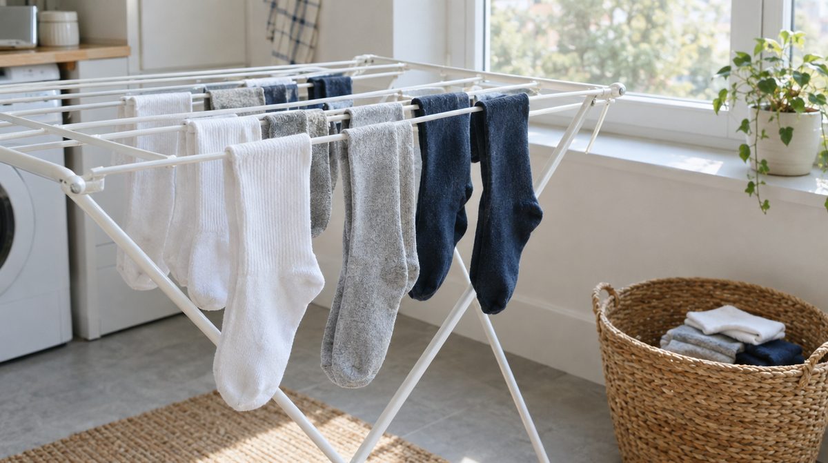Washed socks hanging on a clothes drying rack in a bright room