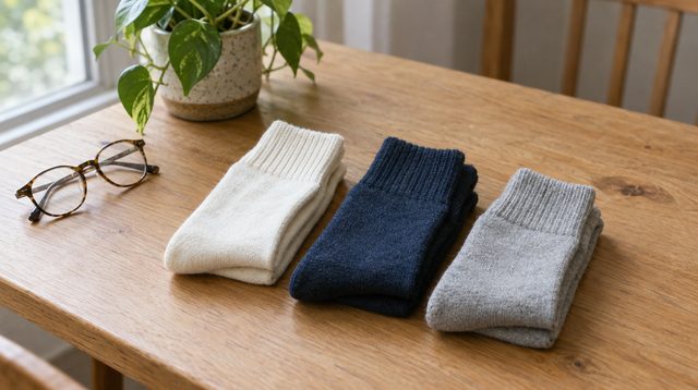 Three pairs of socks in different colours neatly folded on a wooden table