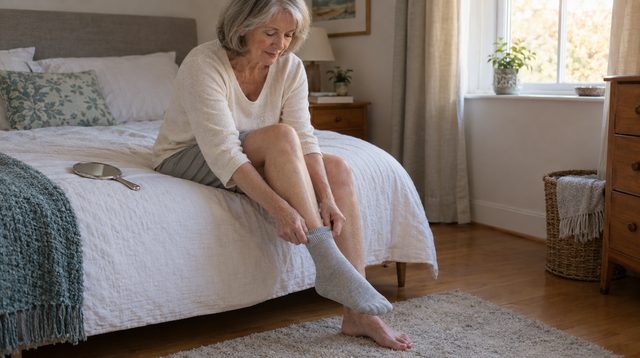 Older woman sitting on the edge of a bed pulling on a light grey sock