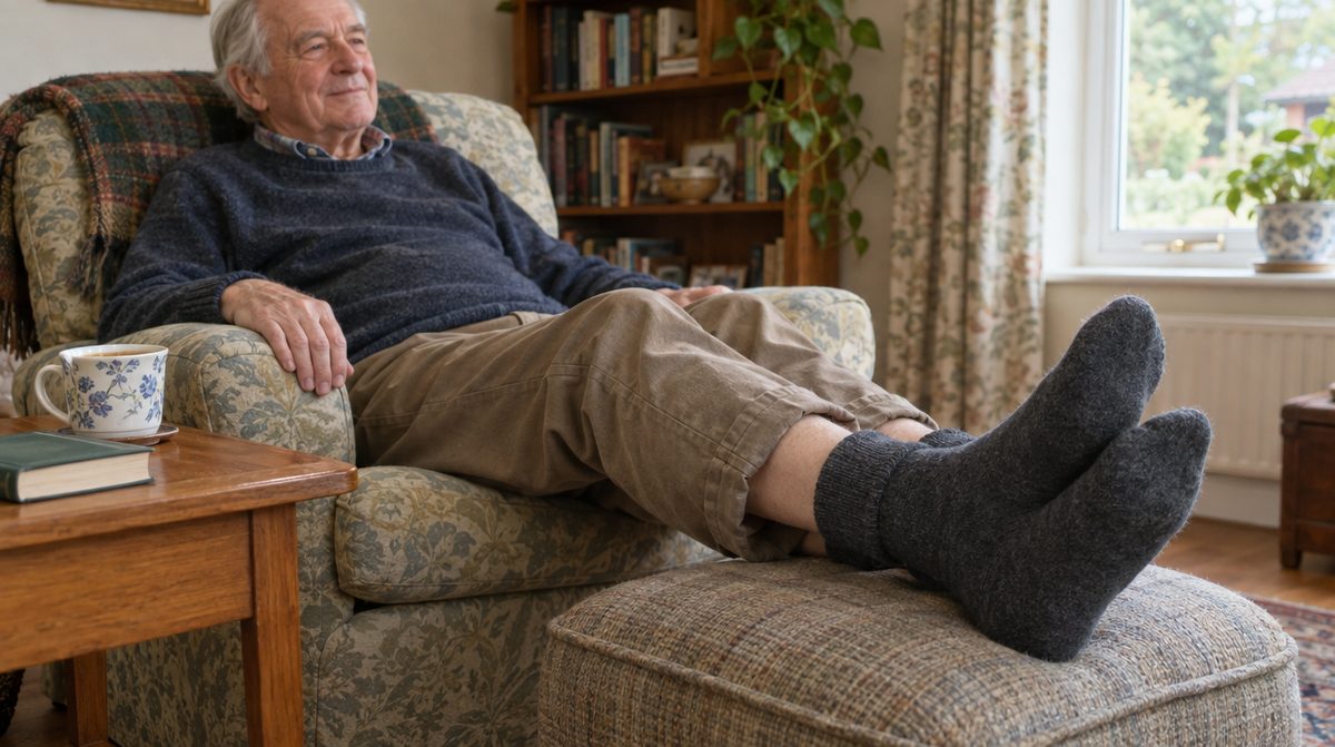 Mann sitzt im Sessel und legt die Beine auf einem Hocker hoch, er trägt dunkelgraue Socken