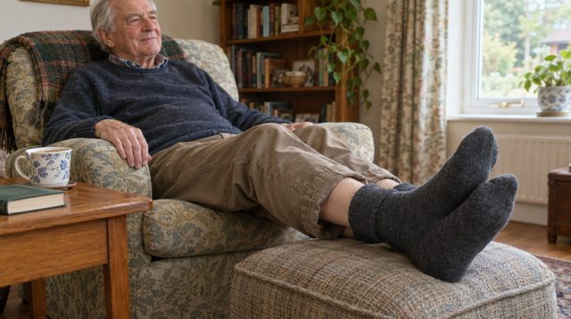 Older man sitting in an armchair with his legs up on a footstool, wearing dark grey socks