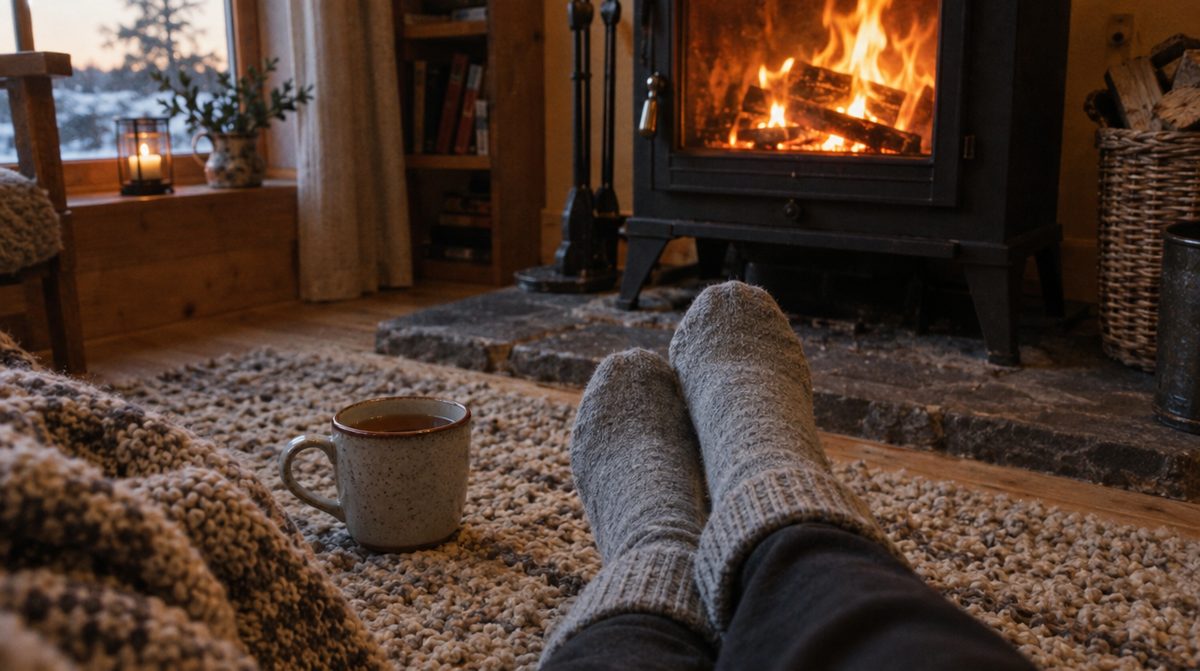 Füße in grauen Wollsocken auf einem Teppich vor einem Kaminofen, daneben eine Tasse Tee